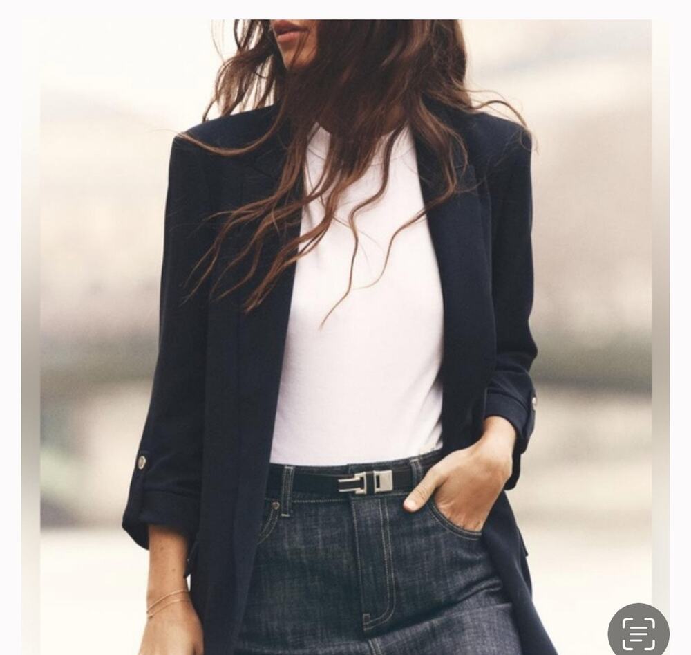 Zara opened front rolled sleeve navy blue preppy business jacket size XL